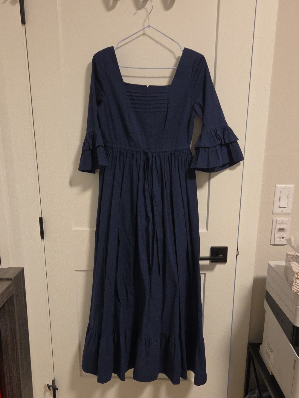 ALEXACHUNG Pemberly Navy Square-Neck Ruffled Sleeve Maxi Dress